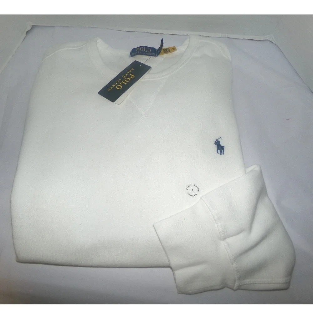 Polo Ralph Lauren Mens LRG White Fleece Crewneck Sweatshirt Navy Pony Logo NWT